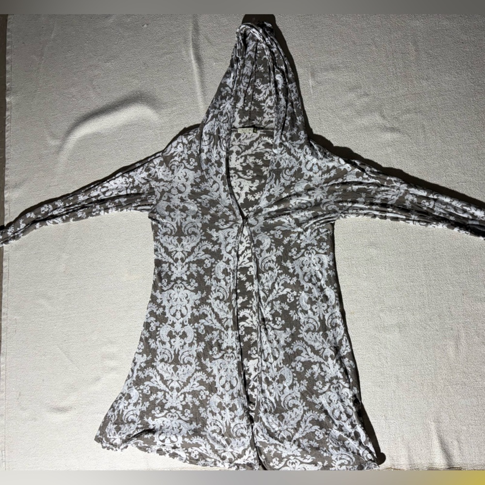 Chalet Gray and White Floral Baroque Lightweight Cotton Knit Hooded Cardigan